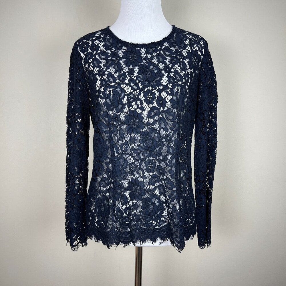 J.CREW Lace Blouse Top Womens 4 Navy Blue Floral Long Sleeve Crew Party Holiday‎